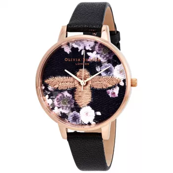 Olivia Burton Women's Enchanted Garden Watch OB16EM02 - 38mm Rose Gold Stainless Steel Case, Grey Leather Strap, Grey Dial with Bee Motif