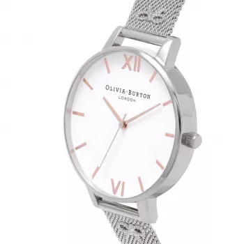Olivia Burton Women's Enchanted Garden Watch OB16ES10 - 38mm Rose Gold Stainless Steel Case, White Floral Dial, Grey Leather Strap