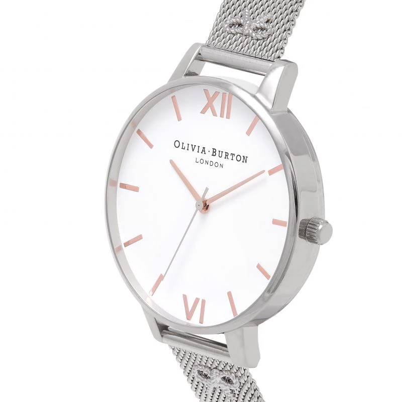 Olivia Burton Women's Enchanted Garden Watch OB16ES10 - 38mm Rose Gold Stainless Steel Case, White Floral Dial, Grey Leather Strap