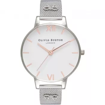 Olivia Burton Women's Enchanted Garden Watch OB16ES10 - 38mm Rose Gold Stainless Steel Case, White Floral Dial, Grey Leather Strap