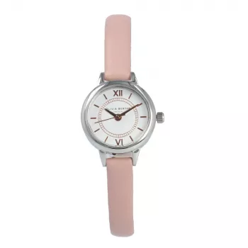 OLIVIA BURTON Moteriškas mini ciferblato laikrodis OB16MC59 - Rožinio aukso spalvos nerūdijančio plieno korpusas, baltas ciferblatas, pilkas odinis dirželis, 23 mm