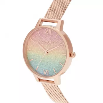 OLIVIA BURTON Moteriškas laikrodis Rainbow Bee OB16RB18 - 34mm nerūdijančio plieno korpusas, pilkas odinis dirželis, baltas ciferblatas su vaivorykštinės bitės motyvu, kvarcinis judesys