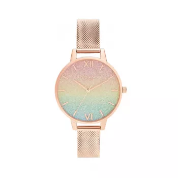 OLIVIA BURTON Moteriškas laikrodis Rainbow Bee OB16RB18 - 34mm nerūdijančio plieno korpusas, pilkas odinis dirželis, baltas ciferblatas su vaivorykštinės bitės motyvu, kvarcinis judesys