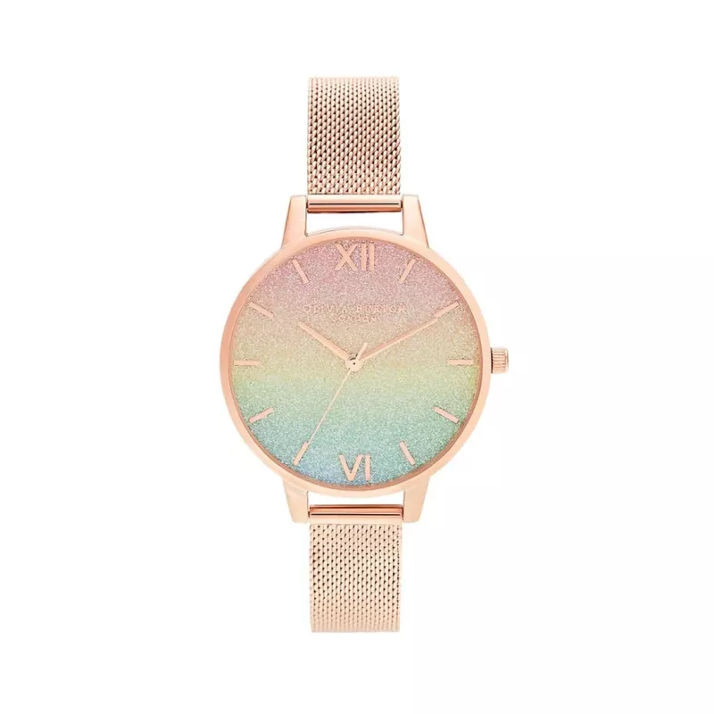 OLIVIA BURTON Moteriškas laikrodis Rainbow Bee OB16RB18 - 34mm nerūdijančio plieno korpusas, pilkas odinis dirželis, baltas ciferblatas su vaivorykštinės bitės motyvu, kvarcinis judesys