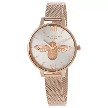 Olivia Burton Moteriškas Laikrodis OB16AM161 34mm Rožinio Aukso Nerūdijančio Plieno Korpusas Pilkas Odinis Dirželis Abstraktus Gėlių Ciferblatas