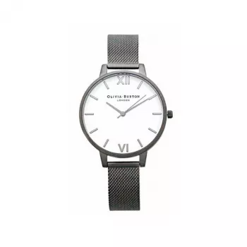 Olivia Burton Women's Watch OB16BDW06 38mm - White Dial with Floral Motif, Grey Leather Strap