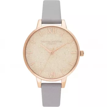 Olivia Burton moteriškas laikrodis OB16GD45 34 mm pilkas blizgantis ciferblatas rožinio aukso spalvos nerūdijantis plienas odinis dirželis