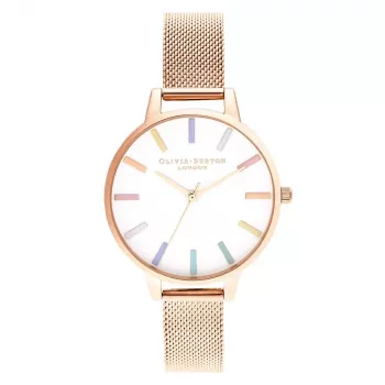 Olivia Burton moteriškas laikrodis OB16RB24 34mm sidabrinis nerūdijantis plienas baltas ciferblatas vaivorykštinė bitė pilka oda