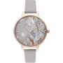 OLIVIA BURTON Moteriškas laikrodis OB16VM37 34mm sidabrinis saulės spindulių ciferblatas pilkas odinis dirželis