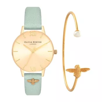 Olivia Burton moteriškas laikrodis OBGSET116 34mm rožinio aukso su gėlių ciferblatu ir pilku odiniu dirželiu bei apyranke