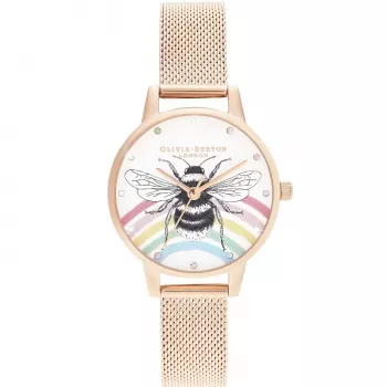 OLIVIA BURTON Women's Wishing Star Watch OB16WL90 30mm Rose Gold Stainless Steel White Mother of Pearl Dial Grey Leather Strap