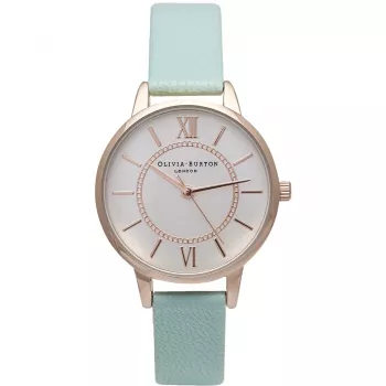 Olivia Burton Women's Wishing Watch OB15WD47 - 34mm rožinio aukso nerūdijančio plieno korpusas, baltas ciferblatas su bitės pakabuku, pilkas odinis dirželis
