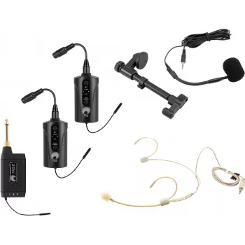 OMNITRONIC rinkinys FAS TWO dviejų kanalų UHF belaidė sistema su 2 kūno siųstuvais, ausinių mikrofonu ir akustinės gitaros mikrofonu (660-690 MHz) 20000973