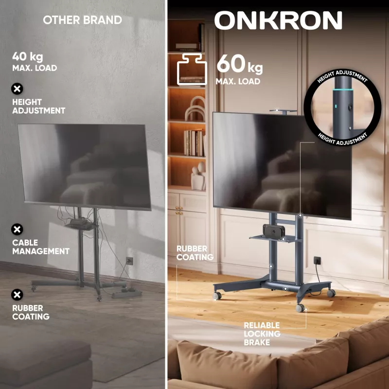 ONKRON TS1571-G Mobilus televizoriaus stovas 32-75 colių televizoriams, 50 kg keliamoji galia, grafito spalvos, reguliuojamo aukščio