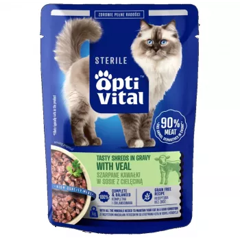 OPTIVITAL Sterile Tasty Shreds in Gravy with Veal - šlapias kačių ėdalas - 85g