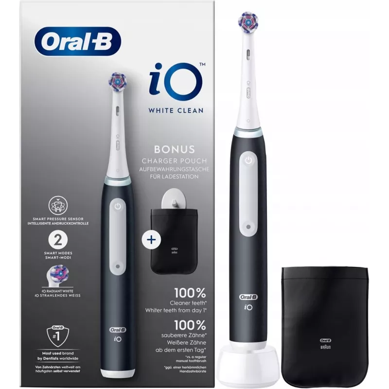 Oral-B iO White Clean elektrinis dantų šepetėlis, juodas/baltas su kelioniniu dėklu
