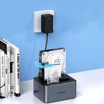 ORICO 6626C3-C-V1 2 diskų prijungimo stotelė su neprisijungus veikiančia klonavimo funkcija, skirta 2,5 inch/3,5 inch SATA HDD/SSD - pilka