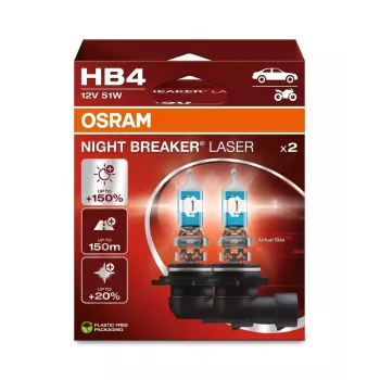 OSRAM Night Breaker Laser HB4 (2 vnt.) - 12V 51W P22d Halogeniniai priekinių žibintų žibintai, iki 150% didesnis ryškumas, 150m spindulys, 20% baltesnė šviesa, balta