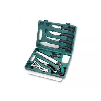 Outdoor Edge Game Pro Kit 10 dalių lauko žvėrienos paruošimo rinkinys su peiliais, pjūklu, žirklėmis, galąstuvu, pirštinėmis, pjaustymo lenta ir kietu dėklu