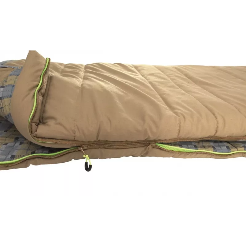 Outwell Commodore miegmaišis 225 x 85 cm 9/5/-8 °C su atskira pagalve, 2 krypčių automatinio užrakinimo L formos užtrauktuku