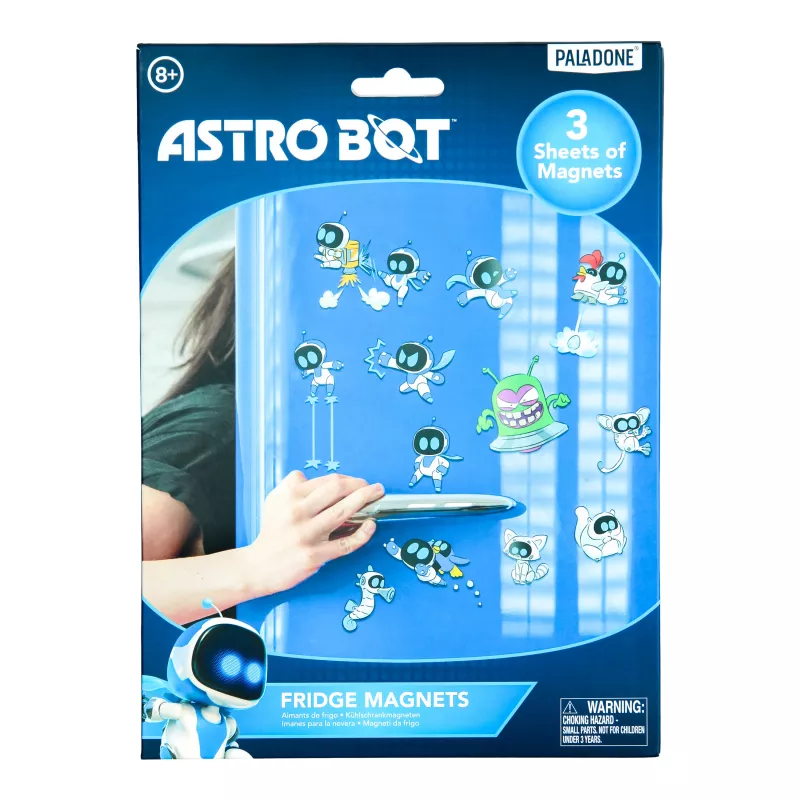 Paladone AstroBot šaldytuvo magnetai - 34 vnt. magnetų rinkinys, 3 lakštai, kosminio roboto dizainas