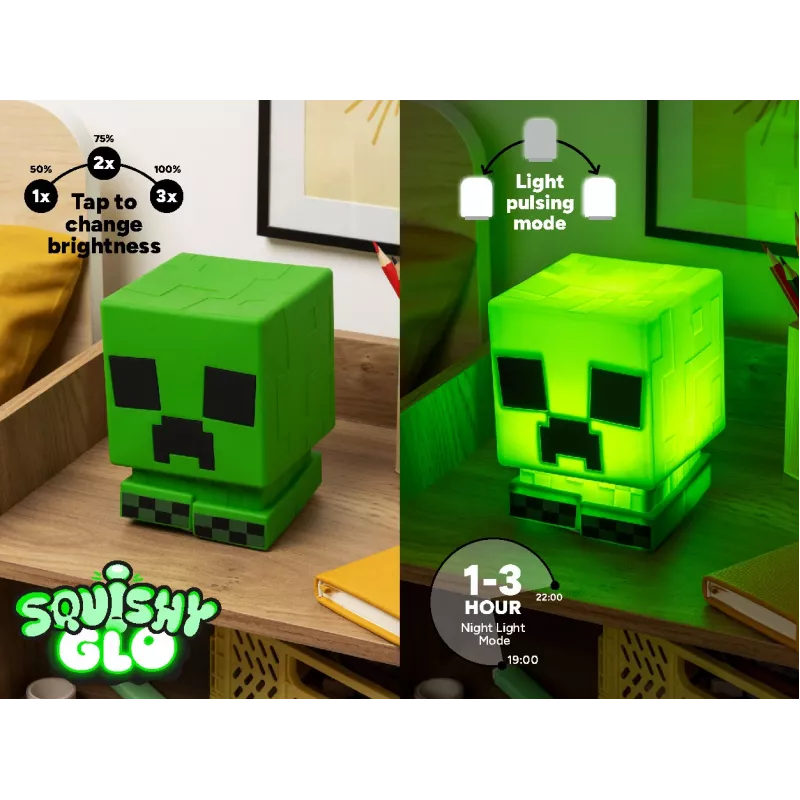 Paladone Minecraft Creeper SquishyGlo Silikoninis Šviestuvas Įkraunamas – Pripgęstantis Žalias LED Naktinis Šviestuvas su 3 Ryškumo Lygiais ir Micro USB Įkrovimu