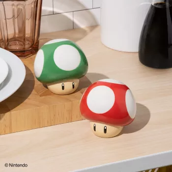 Paladone Super Mario Mushroom druskos ir pipirų indelis (raudonas Super Mushroom ir žalias 1-Up Mushroom)