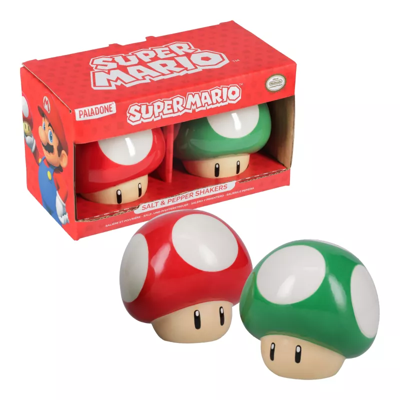 Paladone Super Mario Mushroom druskos ir pipirų indelis (raudonas Super Mushroom ir žalias 1-Up Mushroom)