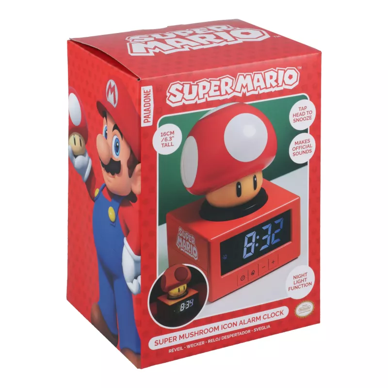 Paladone Super Mario Super Mushroom Icon žadintuvas - skaitmeninis LCD, maitinamas USB, oficialūs Nintendo garso efektai, raudonas/baltas