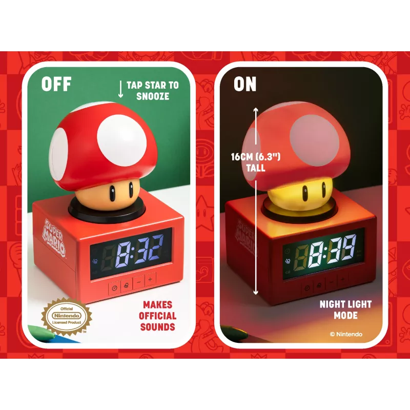 Paladone Super Mario Super Mushroom Icon žadintuvas - skaitmeninis LCD, maitinamas USB, oficialūs Nintendo garso efektai, raudonas/baltas