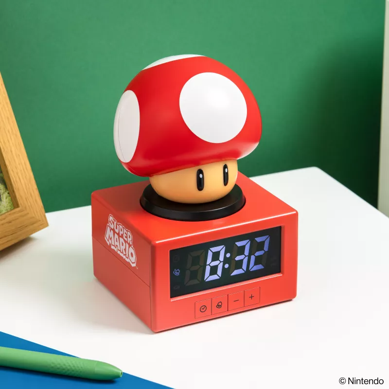 Paladone Super Mario Super Mushroom Icon žadintuvas - skaitmeninis LCD, maitinamas USB, oficialūs Nintendo garso efektai, raudonas/baltas