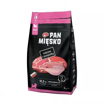 Pan Mięsko Sausas šunų maistas su veršiena ir putpele šuniukams didelių gabalėlių 3kg