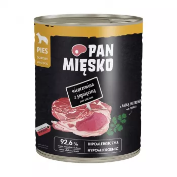 PAN MIĘSKO Šlapias šunų maistas su kiauliena ir ėriena 800g – Pilnavertis paštetas visų veislių šunims