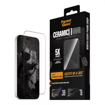 PanzerGlass keraminis ekrano apsauginis stiklas iPhone 17 Pro Max su FASTFIT IN-A-BOX
