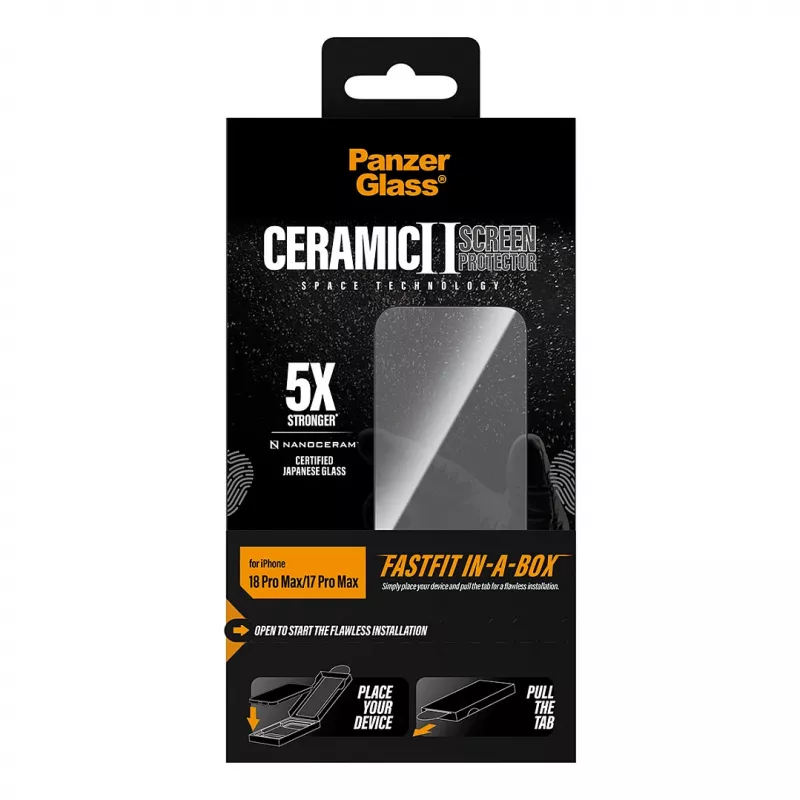 PanzerGlass keraminis ekrano apsauginis stiklas iPhone 17 Pro Max su FASTFIT IN-A-BOX