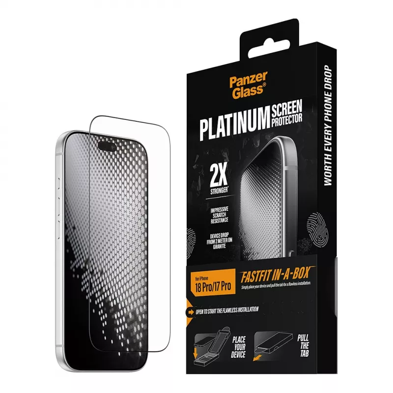 PanzerGlass Platinum ekrano apsauga iPhone 17 Pro su FastFit montavimo rėmeliu