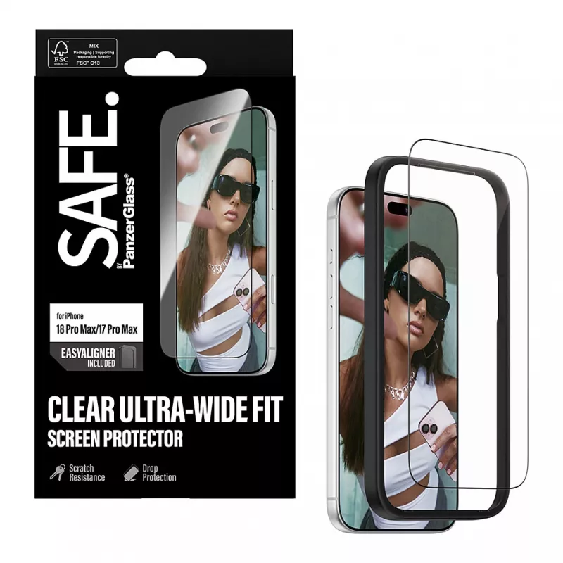 PanzerGlass SAFE ekrano apsauga iPhone 18 Pro Max/17 Pro Max - itin platus grūdintas stiklas, antibakterinis, 9H kietumas