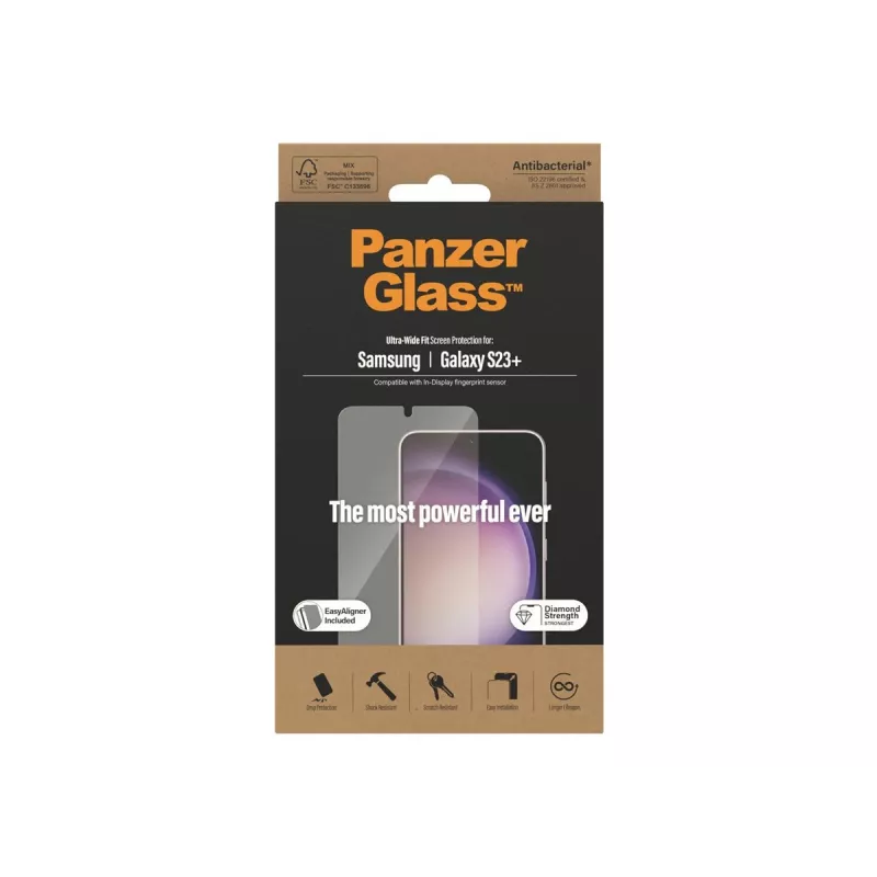 PanzerGlass Ultra-Wide Fit ekrano apsauga, skirta Samsung Galaxy S23+, su uždėjimo rėmeliu