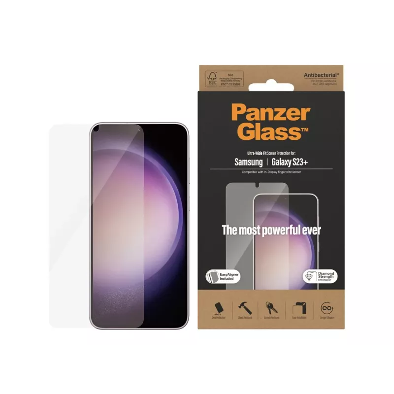 PanzerGlass Ultra-Wide Fit ekrano apsauga, skirta Samsung Galaxy S23+, su uždėjimo rėmeliu
