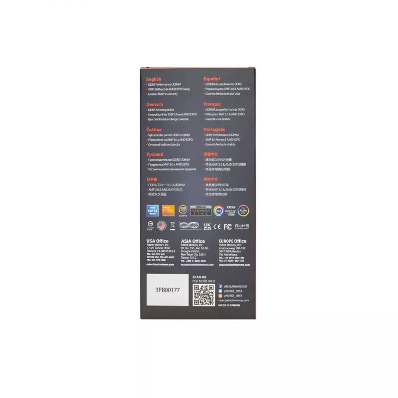 Patriot Memory Viper Venom 16GB DDR5 6400MHz CL38 AMD EXPO UDIMM atminties modulis - 1x16GB juoda