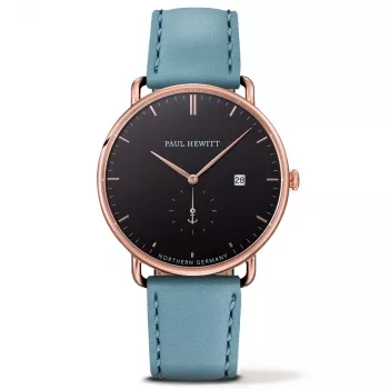 PAUL HEWITT Vyriškas laikrodis The Grand Atlantic Line Quartz 42mm Rožinio aukso nerūdijančio plieno korpusas Juodas odinis dirželis PHTGARB23S