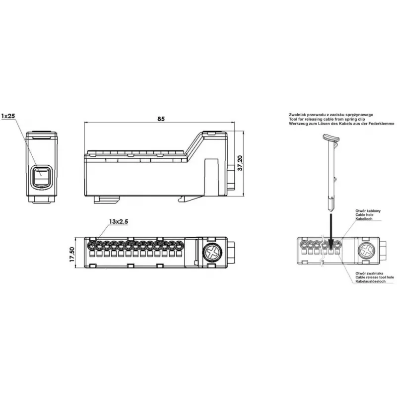 PAWBOL E.4136C Bezsraigtinė gnybtų juosta LZB, 6 polių, 2,5 mm², 450 V, 24 A, juoda