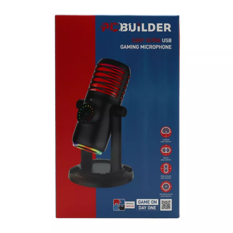 PCBuilder CAST ULTRA USB žaidimų mikrofonas - kondensatorinis, kardioidinis, RGB, nulinės delsos stebėjimas