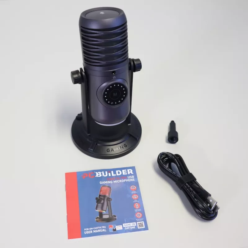 PCBuilder CAST ULTRA USB žaidimų mikrofonas - kondensatorinis, kardioidinis, RGB, nulinės delsos stebėjimas