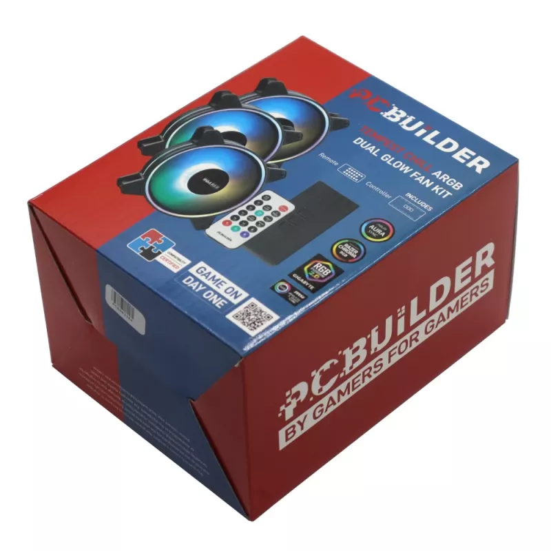 PCBuilder Tempest Chill ventiliatorių rinkinys 3x120mm Dual Glow ARGB ventiliatorius + valdiklis + RF nuotolinio valdymo pultas