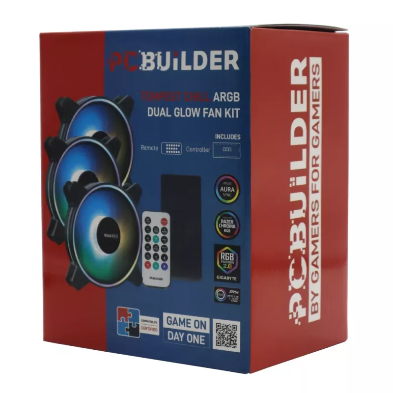 PCBuilder Tempest Chill ventiliatorių rinkinys 3x120mm Dual Glow ARGB ventiliatorius + valdiklis + RF nuotolinio valdymo pultas
