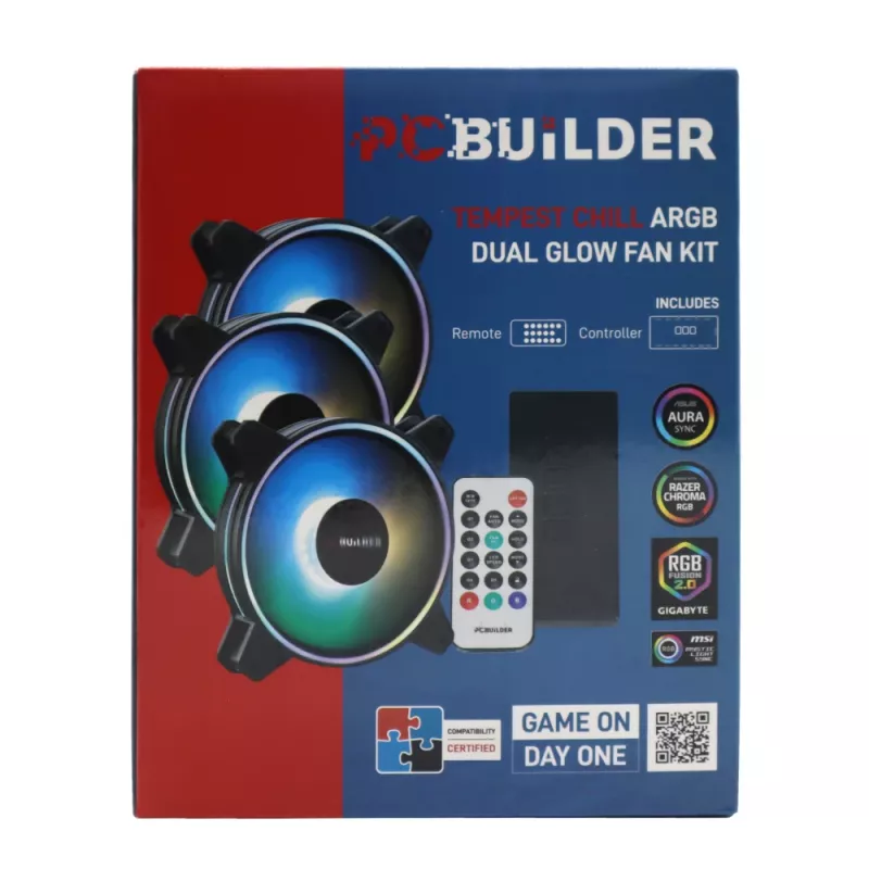 PCBuilder Tempest Chill ventiliatorių rinkinys 3x120mm Dual Glow ARGB ventiliatorius + valdiklis + RF nuotolinio valdymo pultas