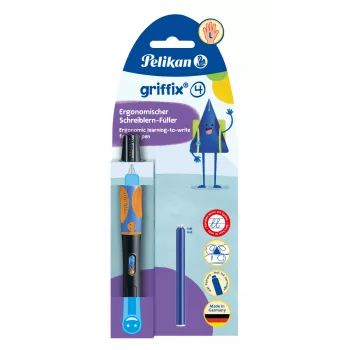 Pelikan griffix® plunksnakotis kairiarankiams - Neoninė juoda - Mėlyni rašalai - Kasetinė sistema - Plastikinis korpusas - Nerūdijančio plieno plunksna - Kairiarankiams (820356)