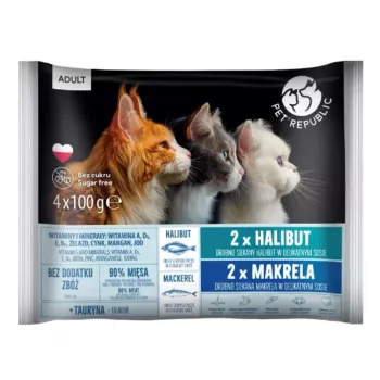 PETREPUBLIC suaugusių kačių otas ir skumbrė šlapias kačių maistas – 4x100g maišeliai