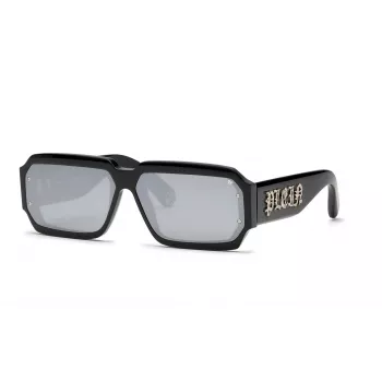 PHILIPP PLEIN MAN SPP150-670703 Akiniai, stačiakampiai, juodas rėmelis, pilki lęšiai, 67/11/145 mm